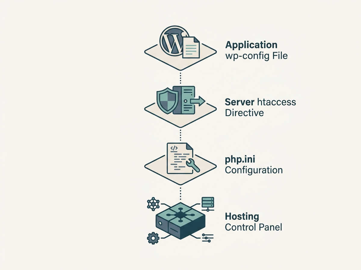 Schemat warstw konfiguracji limitu pamięci PHP w architekturze serwera